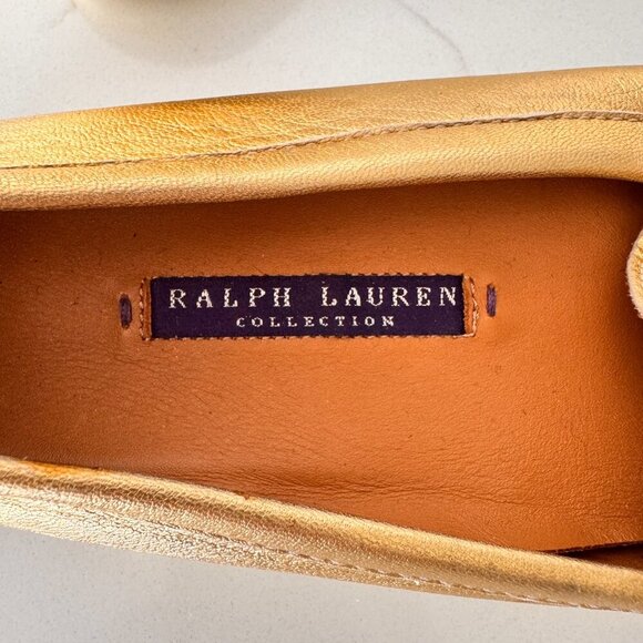 Ralph Lauren Purple Label Laine Driving Flats Gold Nappa Leather - Picture 3 of 11